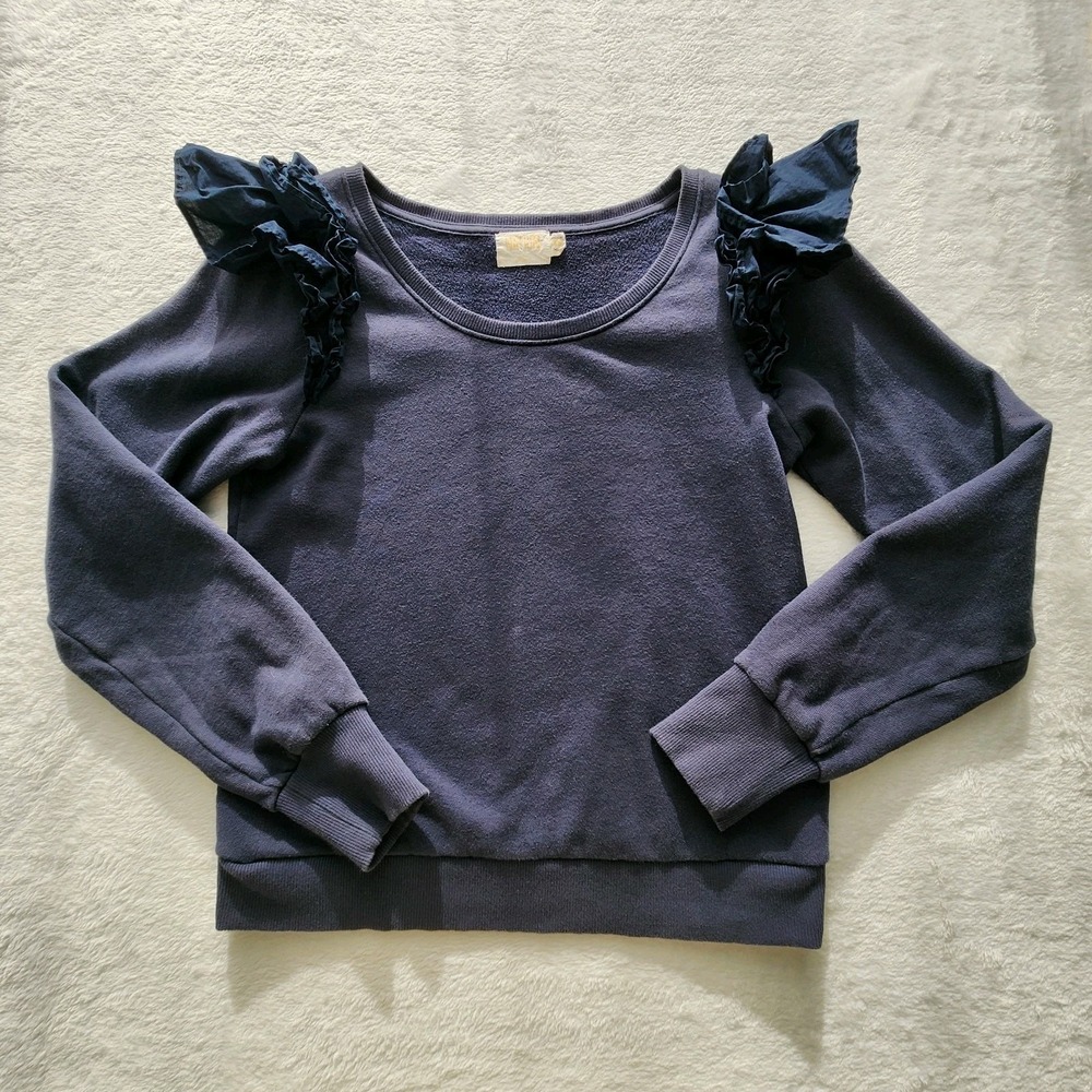 NATION LTD Esther Sweatshirt Ruffle Shoulder Womens XS‎ Navy Feminine French Top - Picture 10 of 14